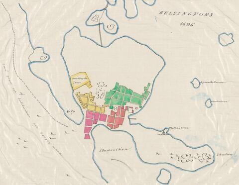Helsingfors karta från år 1696. På kartan har fyra stadsdelar märkts ut med olika färger: Fiskarbacken, Västertull. Gloet och Kärret. Området för dagens Kronohagen är fortfarande obebyggt. På kartans övre del syns Långa bron.