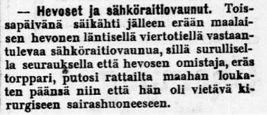 Uutinen hevosen jäämisestä raitiovaunun alle