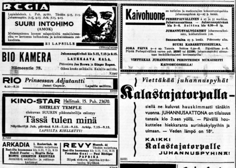 Sanomalehti-ilmoituksia juhannuksen tapahtumista: elokuvia, tanssiaisia ja päivällisiä