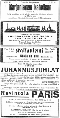 Lehti-ilmoituksia juhannuksen tapahtumista