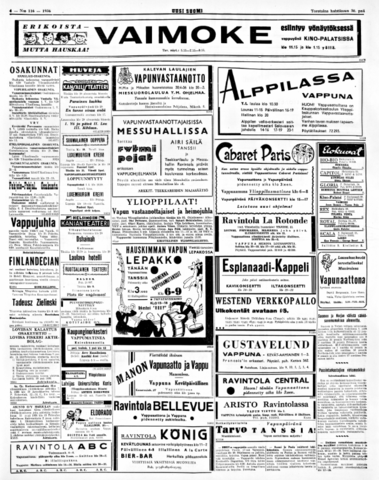 Kokonainen lehden sivu täynnä ilmoituksia vapun tapahtumista