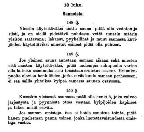 Kunnallisen asetuskokoelman yleisiä saunoja koskeva teksti, luku 13, vuodelta 1911