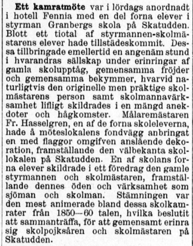 Ruotsinkielinen lyhyt lehtiartikkeli, jossa kerrotaan hotelli Fenniassa pidetystä koulukaveritapaamisesta.