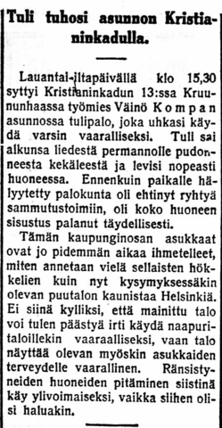 Uutinen tulipalosta Kruununhaassa.