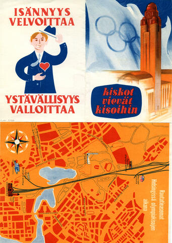 A brochure with a map of Helsinki's railway stations, picture of the Main railway station and a slogan about the games.