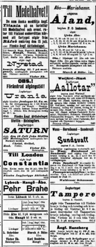 En tidningsannons om ångbåtars tidtabeller och rutter