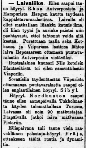 Lyhyitä uutisia laivaliikenteestä 14.7.1899