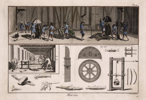 A drawing of a room where people are making rope.
