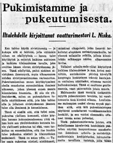 Vaatturimestari L. Niska kirjoittaa miesten pukeutumisesta