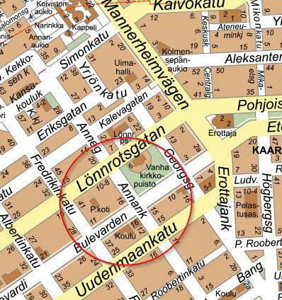 Ruttopuiston alue rajattuna Lönnrotinkadun, Annankadun, Yrjönkadun ja Bulevardin keskellä.