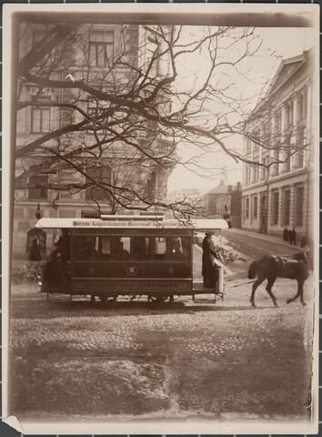 Raitiovaunu ja hevonen, lehdettömiä puun oksia.