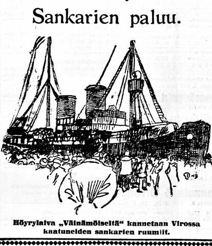 Teckning av ångfartyget Väinämöinen omgiven av ett människohav