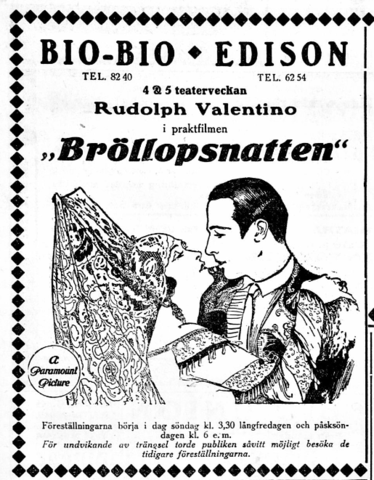 Annons för filmföreställningar, Rudolph Valentino i praktfilmen Bröllopsnatte