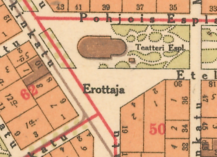 Osasuurennos kartasta, jolla näkyy Erottaja vuonna 1909.