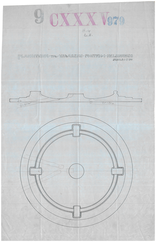På bilden syns den minimalistiska, cirkelformade planritningen över Havis Amandas fontän samt fontänens sidoprofil. Ritningen föreställer närmast fontänbassängen och saknar de skulpturer som hör till fontänen.