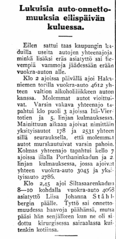 Lehtiartikkeli, jossa kerrotaan liikenneonnettomuudesta.