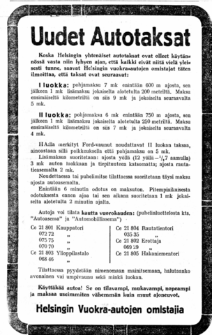 Helsinkiläisten taksiautoilijoiden lehti-ilmoitus, jossa kerrotaan taksoista ja autoasemista.