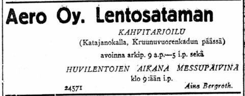 Lehti-ilmoitus, jossa kerrotaan, että Katajanokan lentosataman kahvila on auki silloin, kun huvilentoja järjestetään messujen aikana.