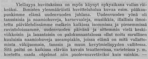 Kuvakaappaus lehtikirjoituksesta, joka kauhistelee maailmallista menoa ja juhlintaa.