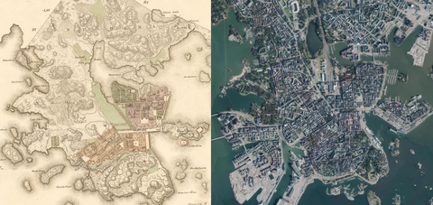 På bilden jämsides två kartor över Helsingfors centrum, till vänster från år 1820 och till höger en luftbild från år 2019. Genom att jämföra kartorna kan man observera hur schaktningen påverkat stadsbilden. Stadens centrum har expanderat mot havet, Gloviken har schaktats igen, precis som en liten sjö i Tölö.