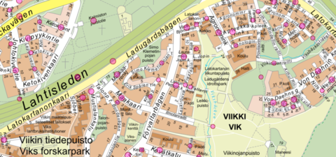 Skärmdumpning från en karta som visar Ladugårdsvägen och andra historiska ortnamn i Vik.
