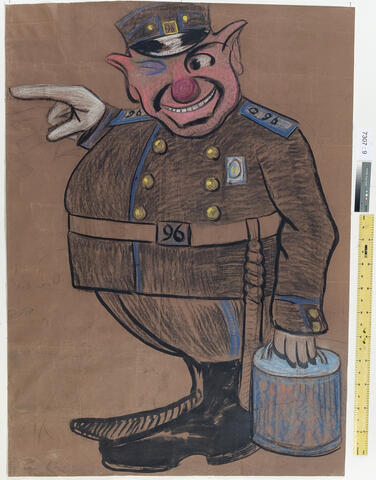 En tjock rödnäst polis blinkar med en plåtkanister i handen. På hans bälte och epåletter står siffran 96. 