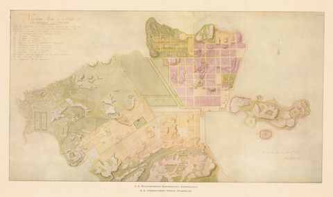 J.A. Ehrenströms första detaljplan för den nya huvudstaden anno 1820. I planen är till exempel en kanal mellan Gloet och Salutorget inritad.