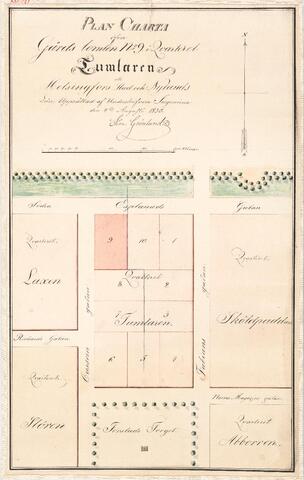 Handritad tomtkarta, planritning.