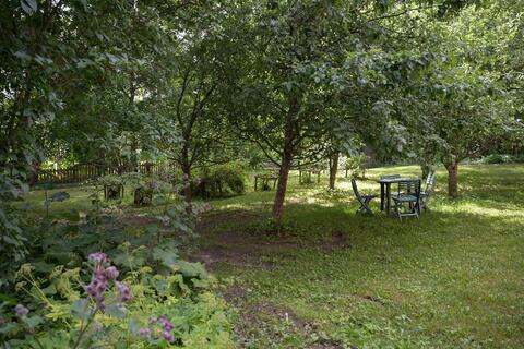 Nurmikkoa, puita ja pensaita, keskellä on pieni pöytä, jonka ympärillä on neljä tuolia.