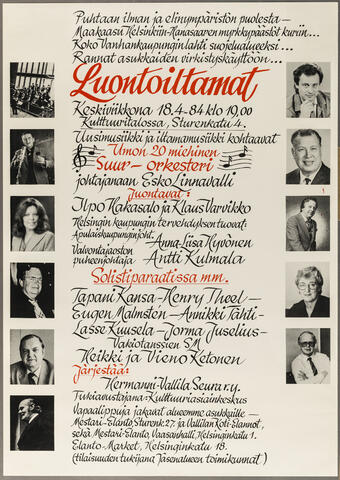 Juliste mainostaa Kultuuritalossa 18.4.1984 klo 19 pidettyjä luontoiltamia. Keskellä on tekstiä, reunoilla kuvat esiintyjistä.