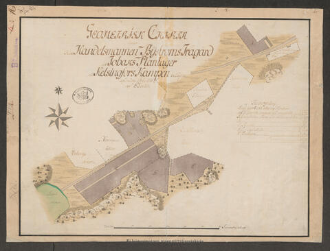 Käsin piirrettyyn karttaan on merkitty viljelysmaat ja niiden omistajat silloisen Helsingin laidalla. 