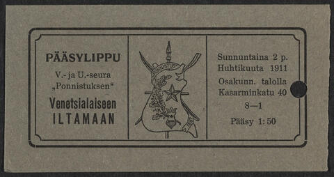 Pääsylippu venetsialaiseen iltamaan, Kasarminkatu 40, hinta 1, 40 mk.