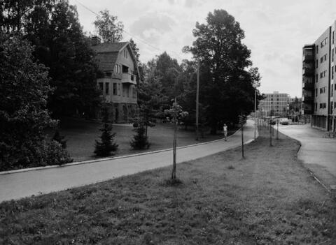 Vasemmalla näkyy kivihuvilaa, oikealla näkyy hiukan 6-kerroksisen elementtikerrostalon päätyä ja talon päällystettyä piha-aluetta. Taustalla kohoaa Säterinportti 3. Huvilan edustalla kasvaa hedelmäpuita ja korkeita lehtipuita. Etualalla näkyvän kävelytien varrella kasvaa vastikään istutettuja ja kepein tuettuja puuntaimia.