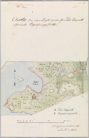 Charta som visar Läget af den för Tölö Lazarett utstakade Begrafnings Platts. Helsingfors den 30 Octob: 1826 Pehr Granstedt. Handritad och färglagd.