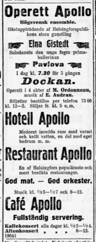 Annon om Apollos hotell, kafé, restaurang och operett.