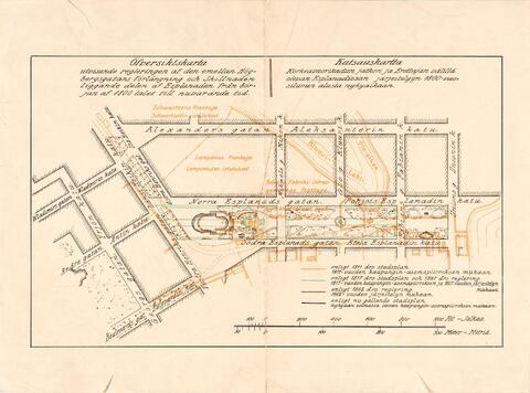 Katsauskartta Korkeavuorenkadun jatkon ja Erottajan välillä olevan Esplanadiosan järjestelyyn 1800-vuosiluvun alusta nykypäivään. Eri väreillä kuvattu vuosien 1811, 1817/1827, 1862 sekä kartan tekoajankohdan asemakaavapiirustukset sekä Kluuvinlahti v. 1811.