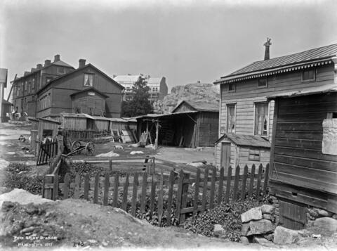 Matalahkoja puurakennuksia, lauta-aitaa ja puiset vetokärryt sekä pensaikkoa. 