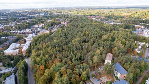 Ilmakuvassa Malminkartanon vuori ja asuinrakennukset sen ympärillä.