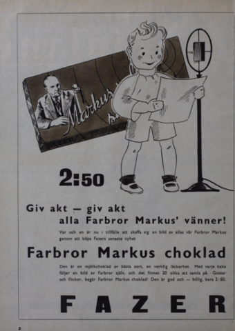 Chokladreklam med en tecknad bild av ett barn som står med ett papper i handen vid en mikrofon. I bakgrunden syns en chokladförpackning som pryds av en tecknad bild av en man vid ett bord.