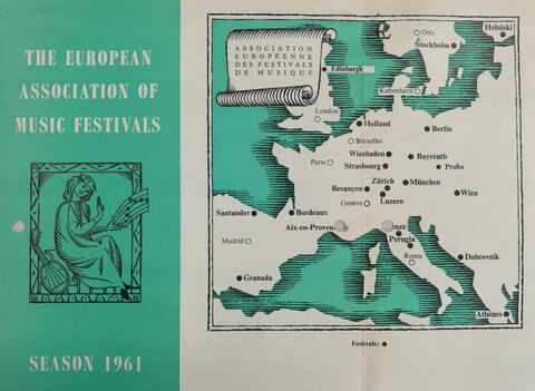 Karttaan on merkitty Euroopan musiikkifestivaalit vuonna 1961. Esitteen julkaisija on The European Association of Music Festivals.