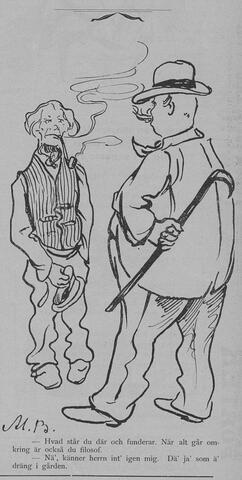 En karikatyr av en smal dräng som bolmar en cigarrett och en tjock husbonde med cigarr och promenadkäpp.