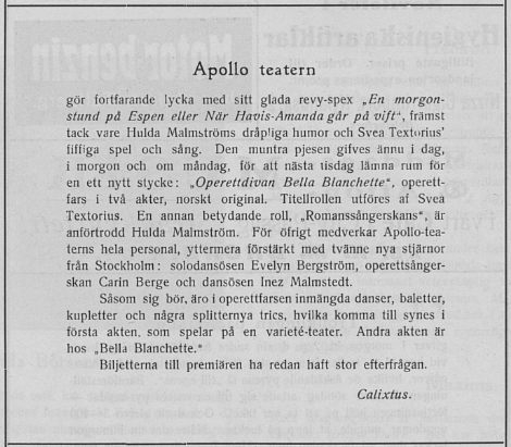 En tidningsnotis om Apolloteaterns program.
