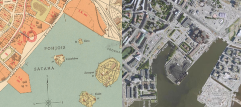 Kartta vuodelta 1909 ja ilmakuva vuodelta 2022, jotka kuvaavat nykyisen Suvilahden ja Hanasaaren aluetta. Vuoden 1909 kartassa Pohjoissataman aluetta ei ole täytetty vaan Sompasaaren ja Sörnäisten välissä on avoin merialue, jossa on vain kaksi pientä saarta.