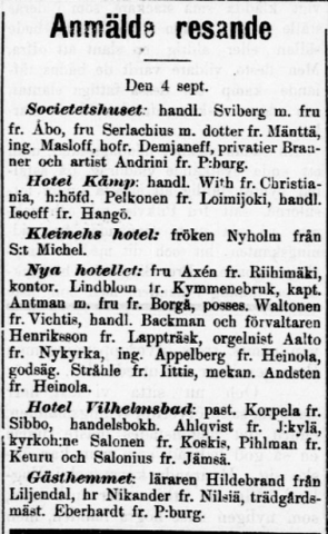 Tidningsnotis som räknar upp alla som rest till Helsingfors.