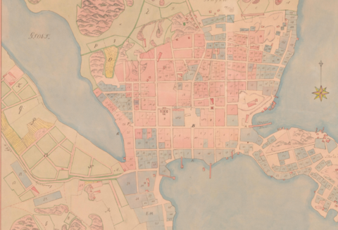Käsin piirretty kartta, jossa on Kluuvinlahti ja Helsinki vuonna 1763.