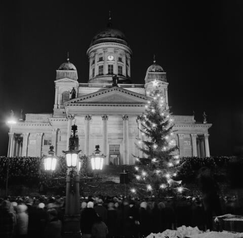 Julgran på Senatstorget. I bakgrunden Domkyrkan.