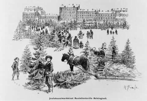Teckning av julgranskommers på Järnvägstorget. En häst med granar i släden i bakgrunden, en pojke med gran i förgrunden.