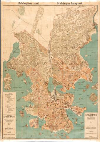 Kartan över Helsingfors sträcker sig till gränsen till Åggelbys marker i nordost, i öster Högholmen och en del av Blåbergslandet (Blåbärslandet), i söder Skifferholmarna, i väster Fölisön, i sydväst är Munksnäs säteri och Lillhoplax bys marker inte inkluderade, i norr Fredriksbergs gård. Järnvägen i riktning mot Åbo och hållplatsen i Hoplax är markerade. Spårvagnslinjer till bland annat Hoplax och Brändö är markerade.