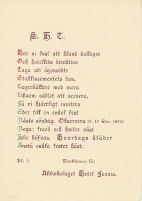 Runomuotoinen ruotsinkielinen kutsukortti ilman kuvaa. 