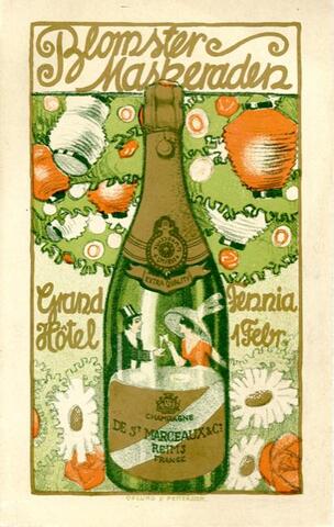 Ravintolan ruokalistan kannessa on piirroskuva, jossa on keskellä iso samppanjapullo. 